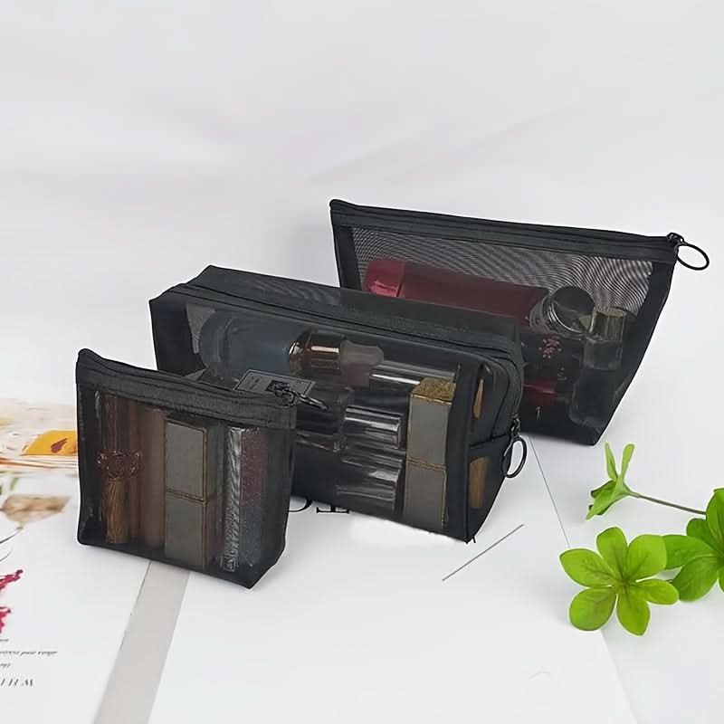 3-Piece Set Nylon Mesh Makeup Bags - Lightweight Travel Organizers