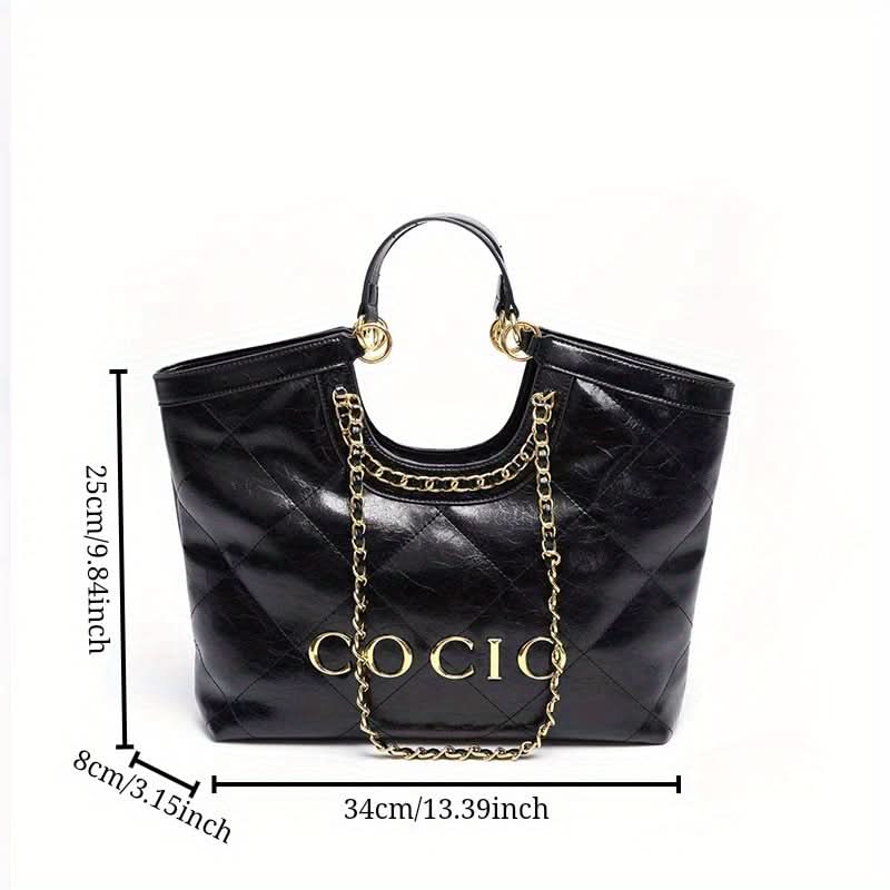 Black Faux Leather Tote Bag with Chain Strap