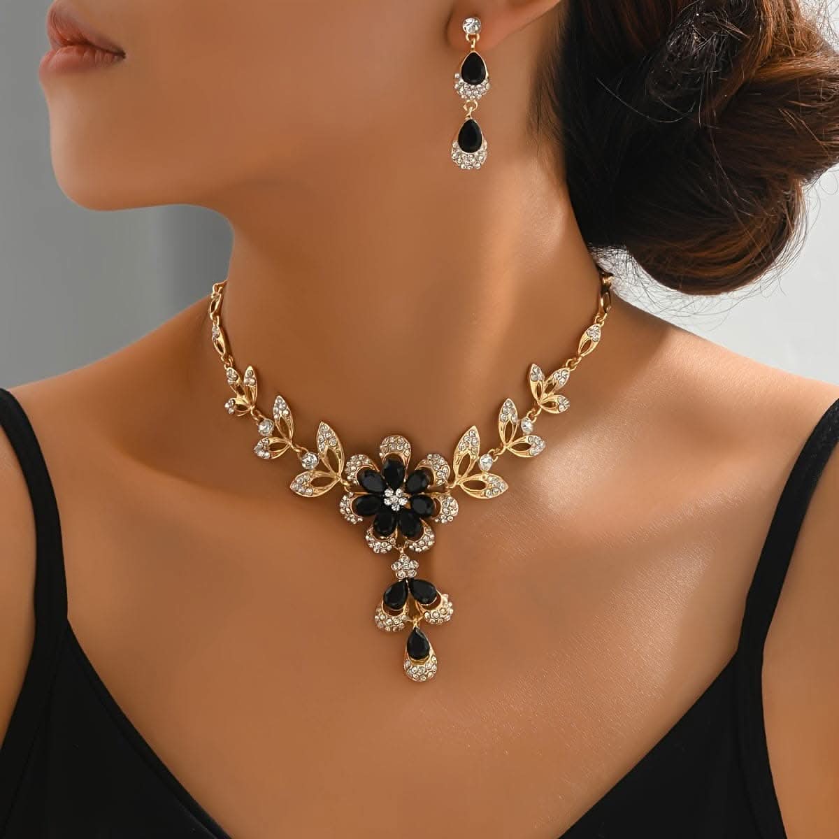 Dangle Earrings & Necklace Set – Copper Jewelry with Zircon Inlay, Flower Design