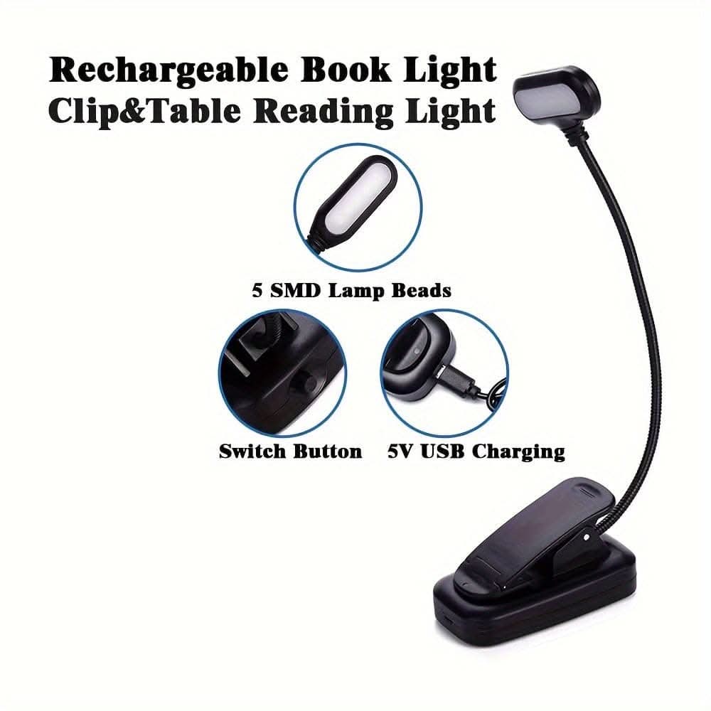 USB Rechargeable Clip-On Book Light – Flexible LED Reading Light for Books