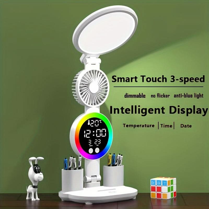 LED Desk Lamp with Touch Control & Built-in Fan - Adjustable, USB Powered