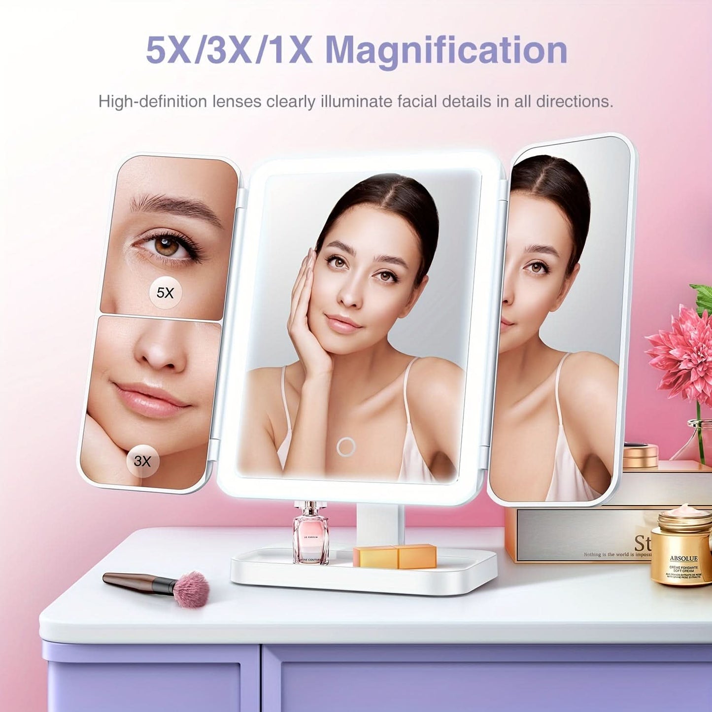 LED Tri-Fold Makeup Mirror with Magnification