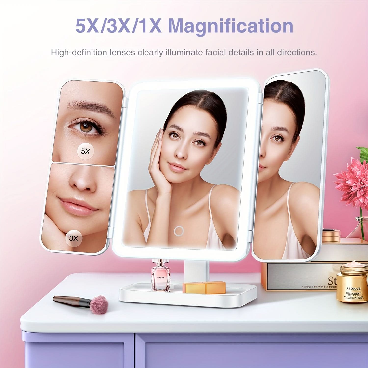 LED Tri-Fold Makeup Mirror with Magnification