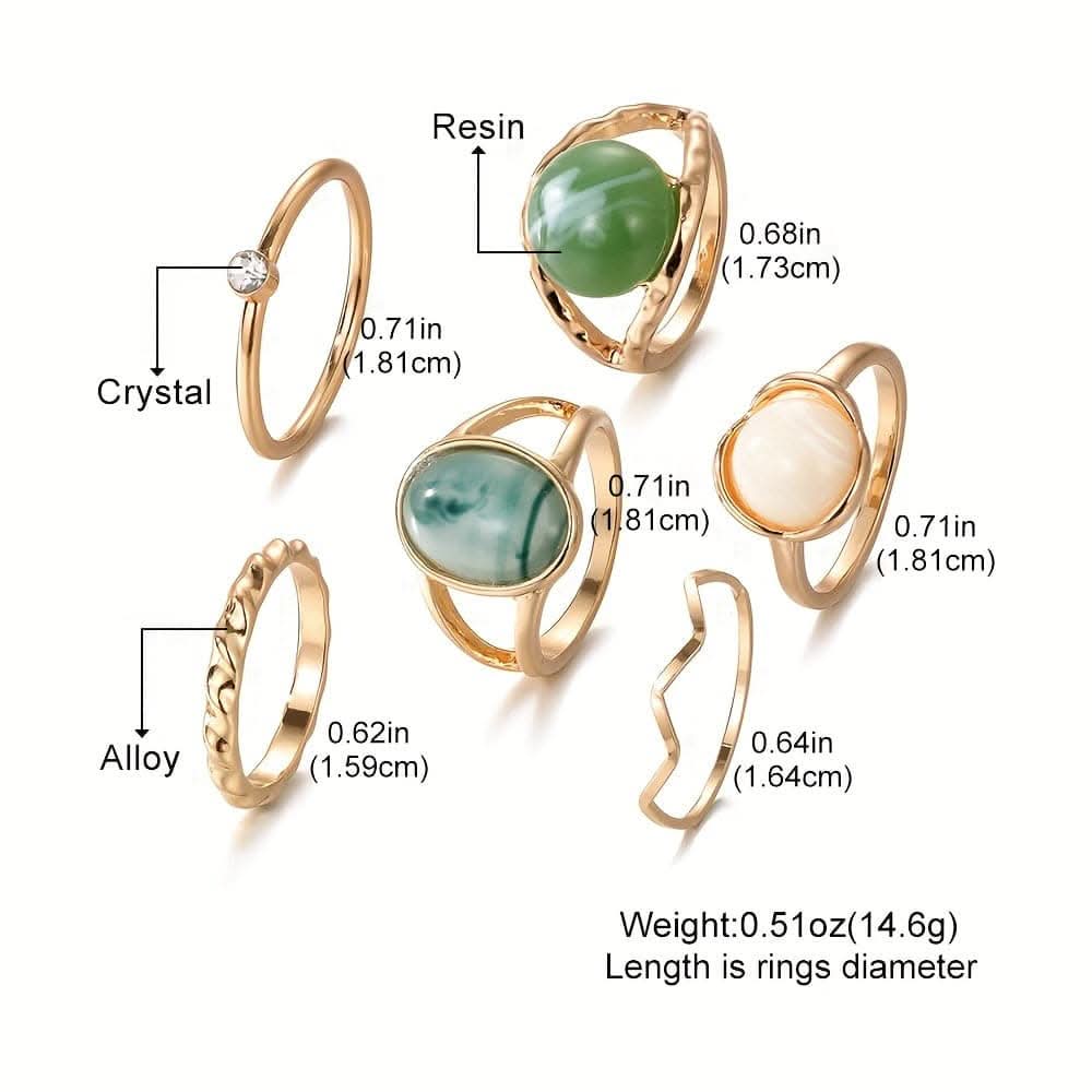 Golden-Tone Ring Set with Green Gemstones – 6-Piece