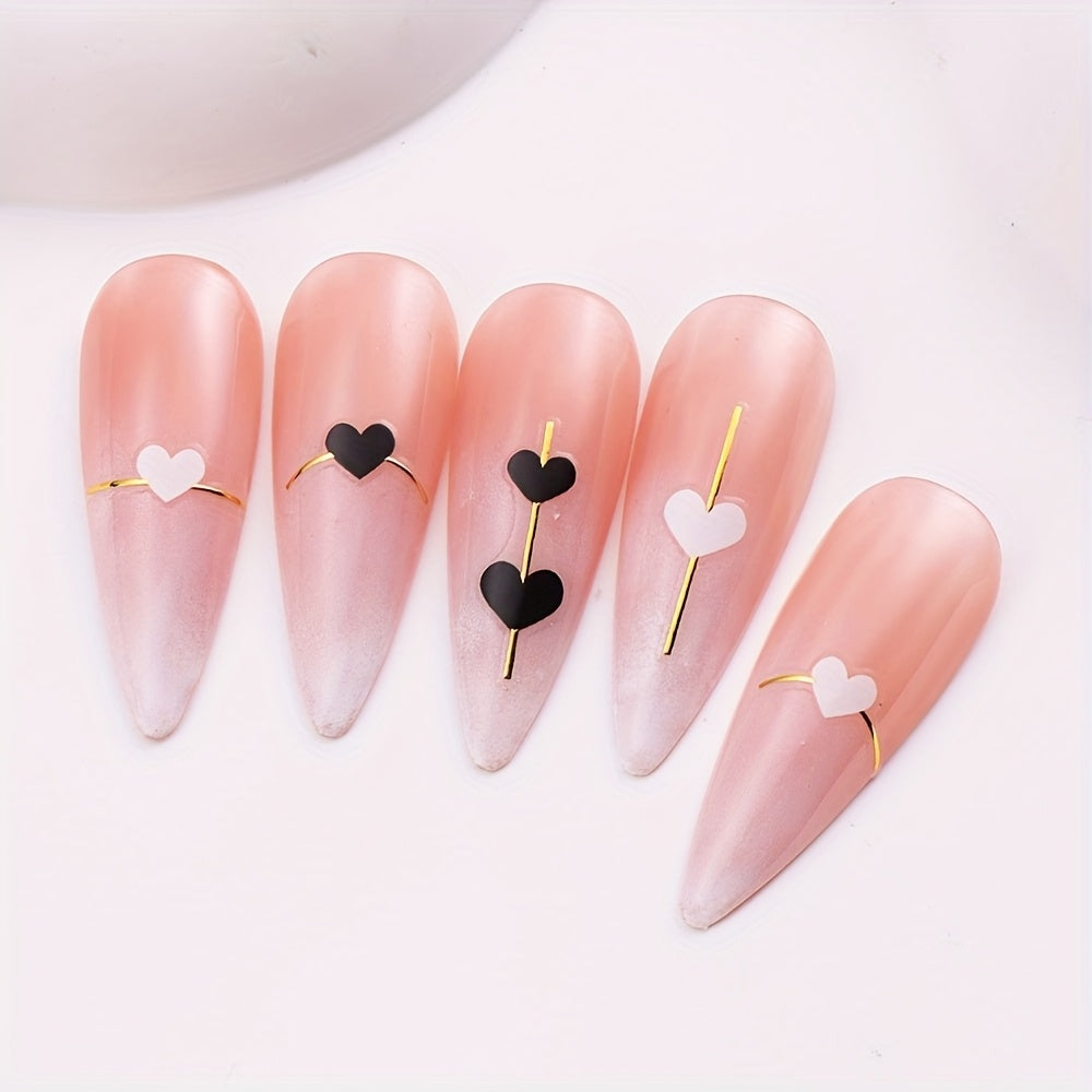5-Piece Gold Line & Heart Nail Art Stickers – Black & White Valentine's DIY Set