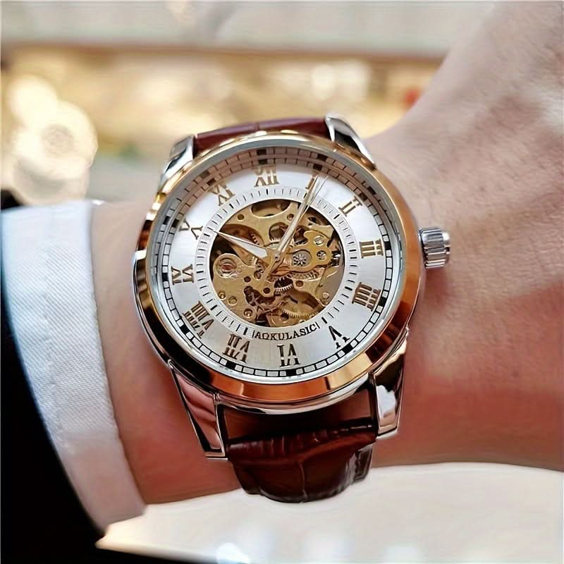 Men's Business Style Automatic Tourbillon Watch – Self-Winding Mechanical, Hollow Dial