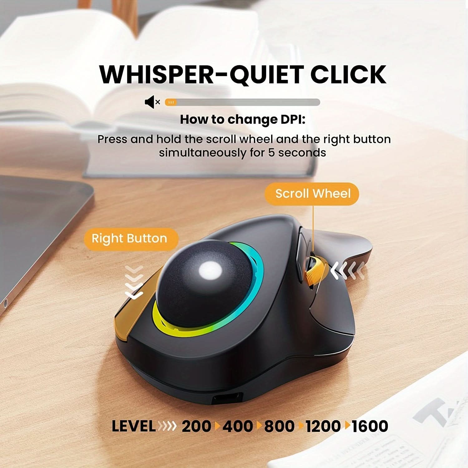 Wireless Ergonomic Trackball Mouse with RGB – Finger-operated