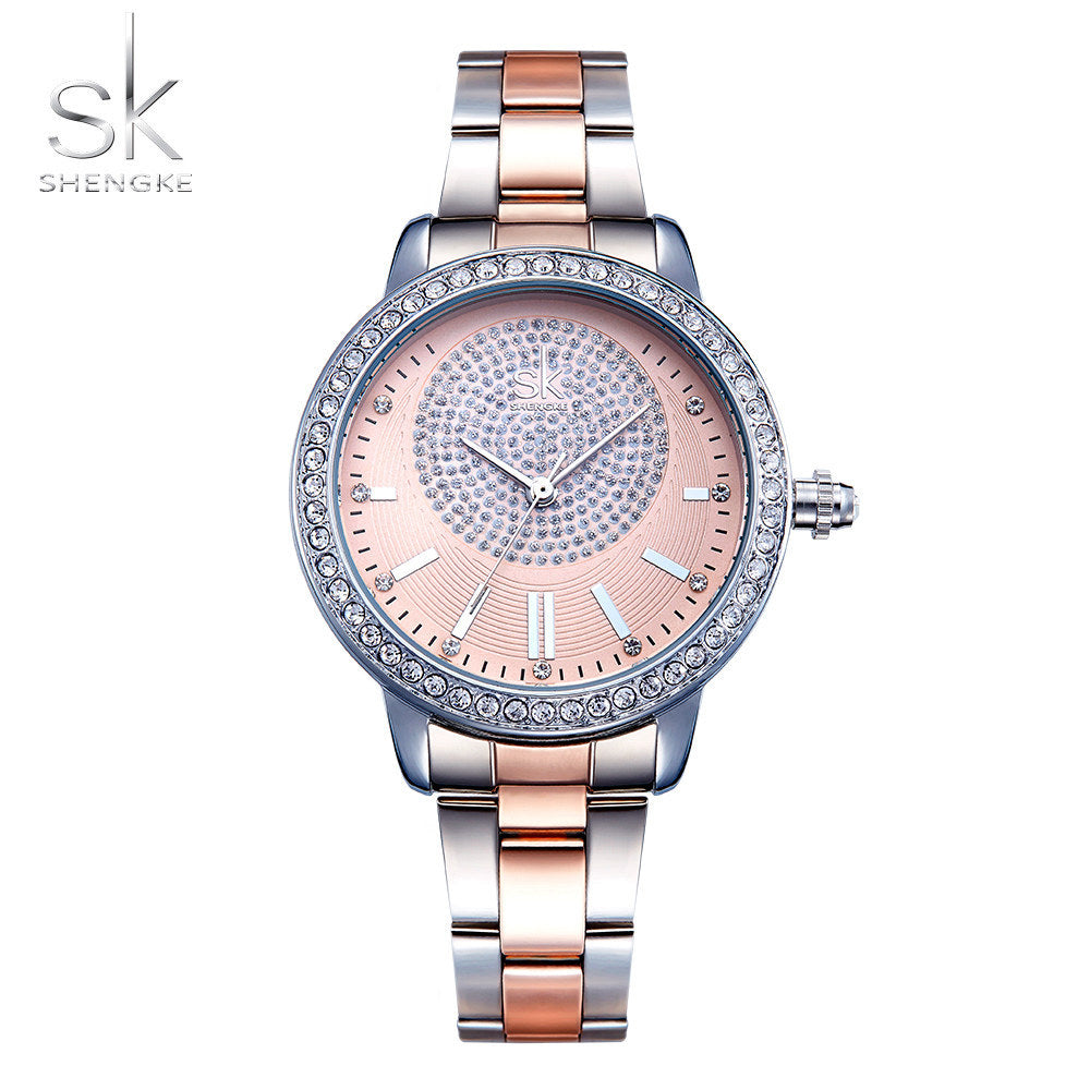 SK Luxury Women’s Quartz Watch – Diamond Accent Steel Strap Waterproof Wristwatch
