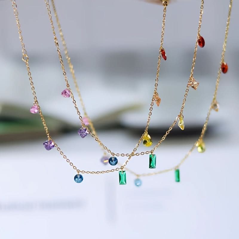 Stainless Steel Charm Necklace with Multicolor Cubic Zirconia