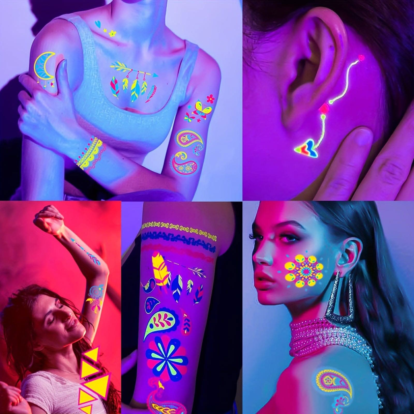 20 Sheets Fluorescent Temporary Tattoo Stickers – Neon Light, Waterproof Accessories