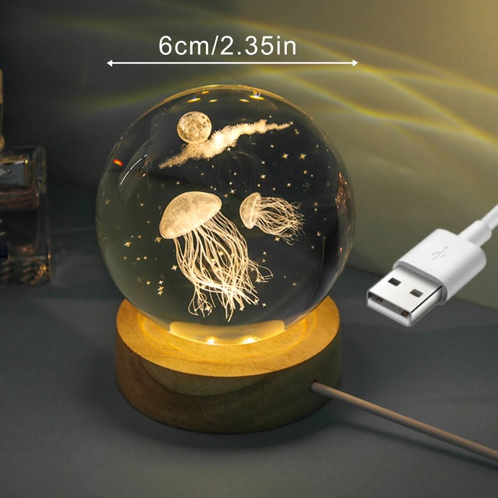 3D Jellyfish Crystal Ball LED Night Light - USB Powered Glass Sphere