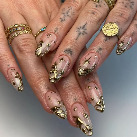 Golden Almond Punk Metal Stripe Nails