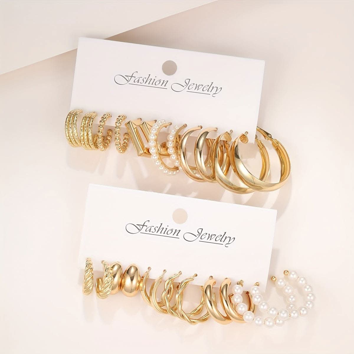 24-Pair Chic Geometric & Faux Pearl Hoop Earrings Set