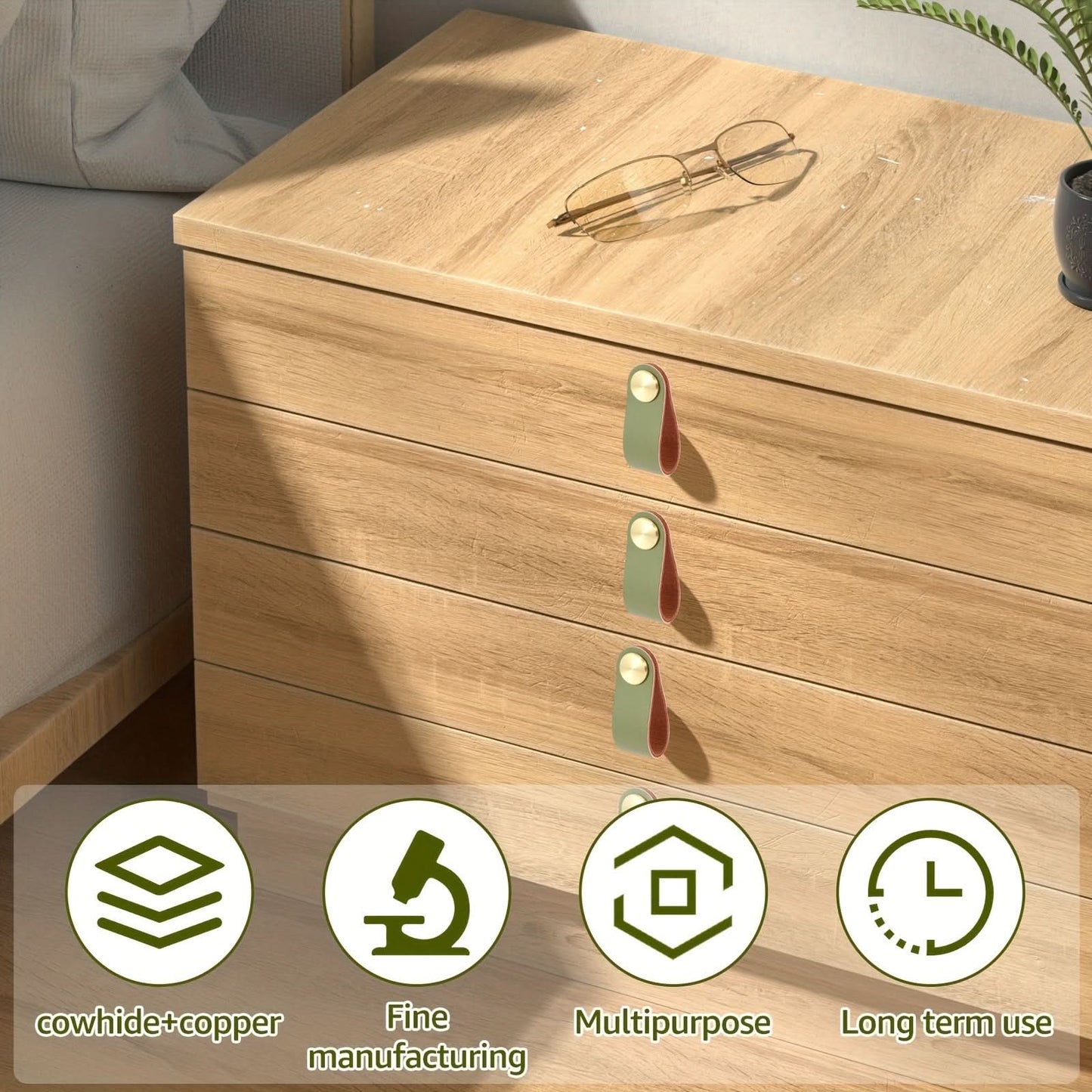 6-Pack Leather Drawer Pulls – Thickened Cabinet Handles with Brass Accents