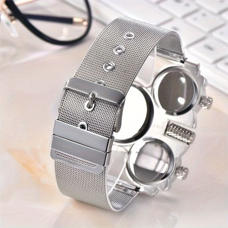 Men’s Multi-Time Zone Quartz Watch – 3 Dials, Stainless Steel Mesh Band