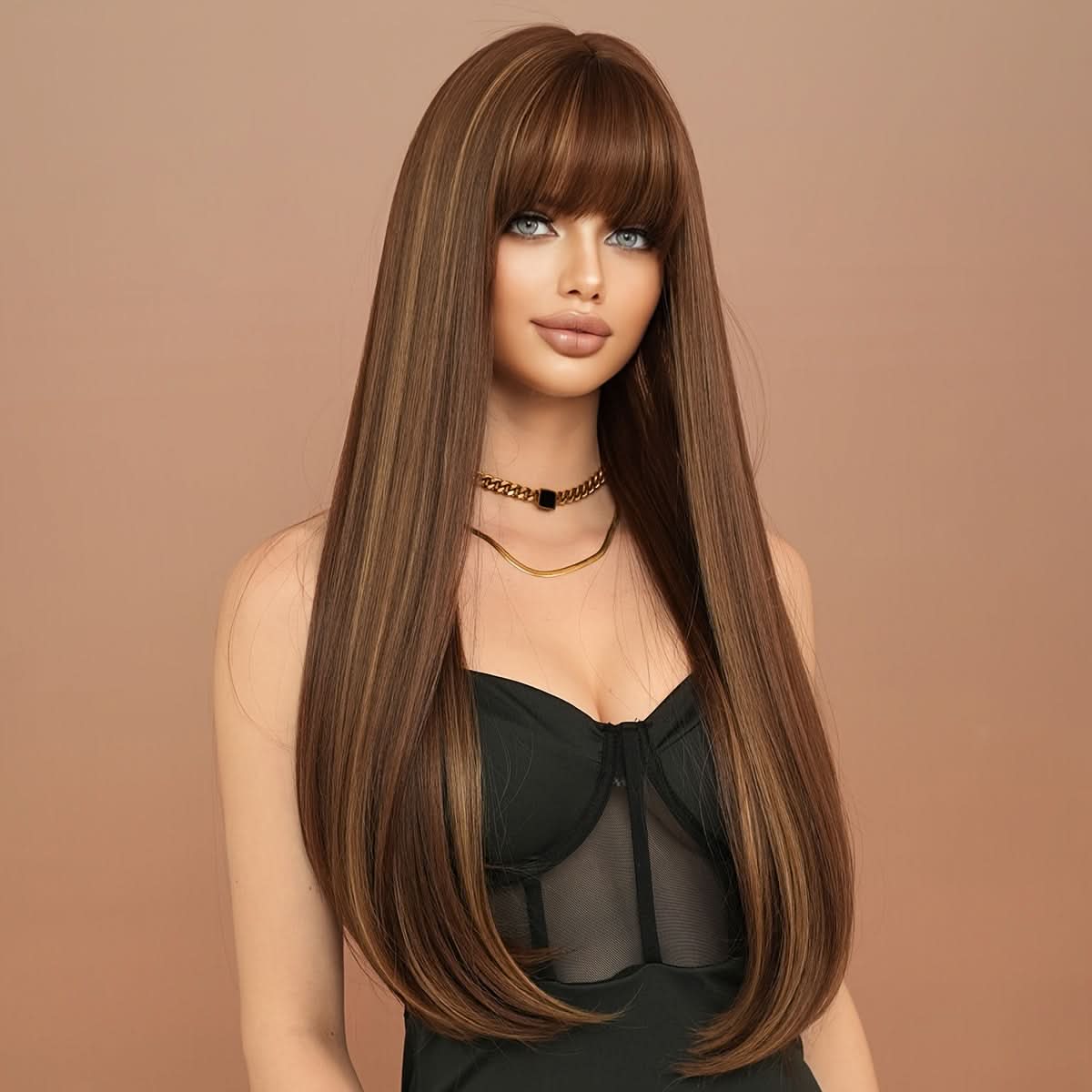Chic Ombre Honey Brown Wig with Air Bangs – Heat Resistant
