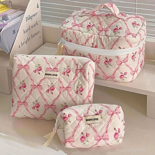 Elegant Bow Knot & Rose Design Cosmetic Bag