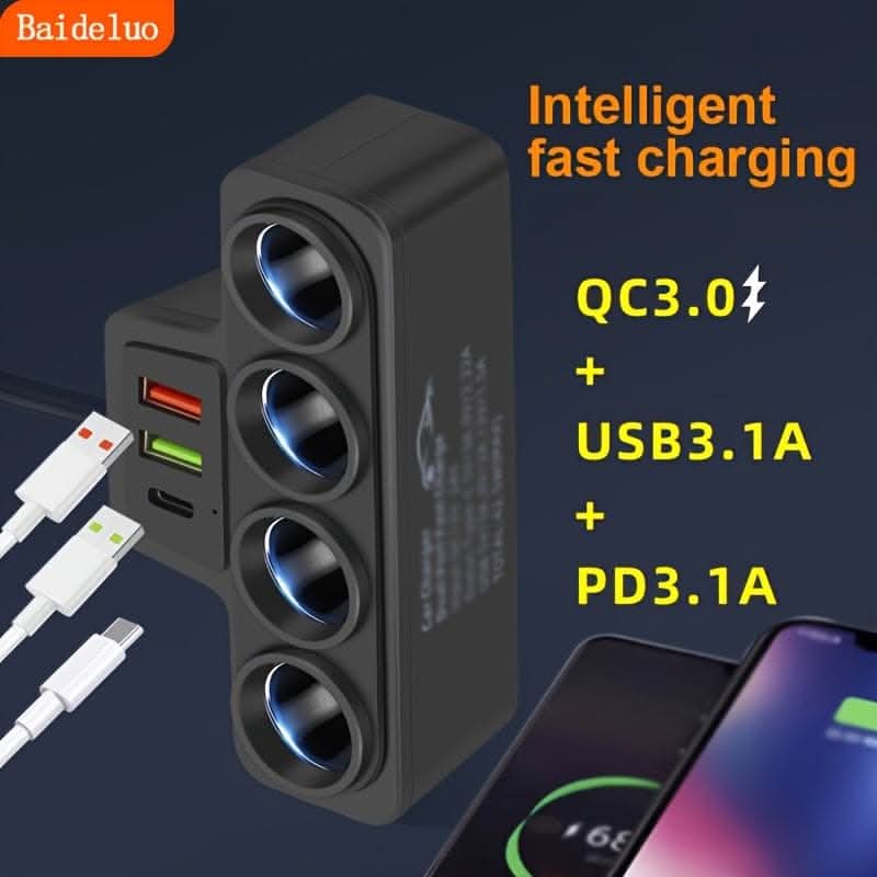 4-in-1 Car Charger – Dual USB + PD Fast Charging Port