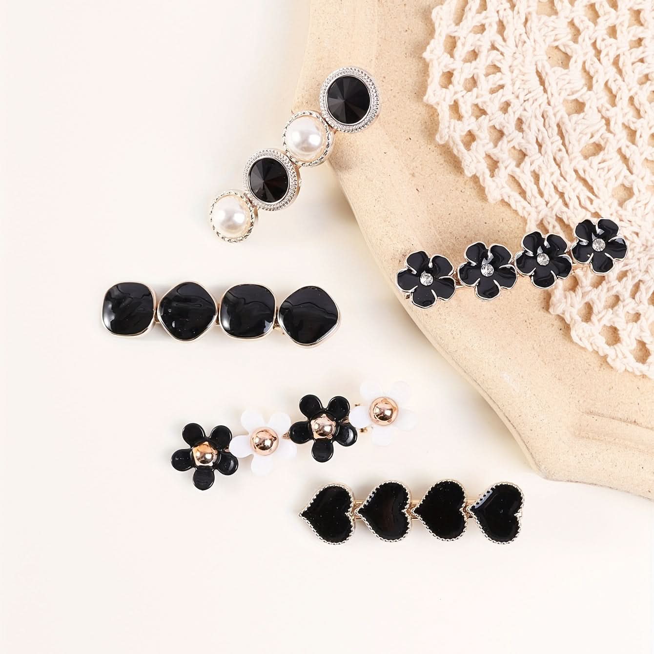 5pcs Black Heart Flower Pearl Hair Clips - Elegant Women's Hair Accessories