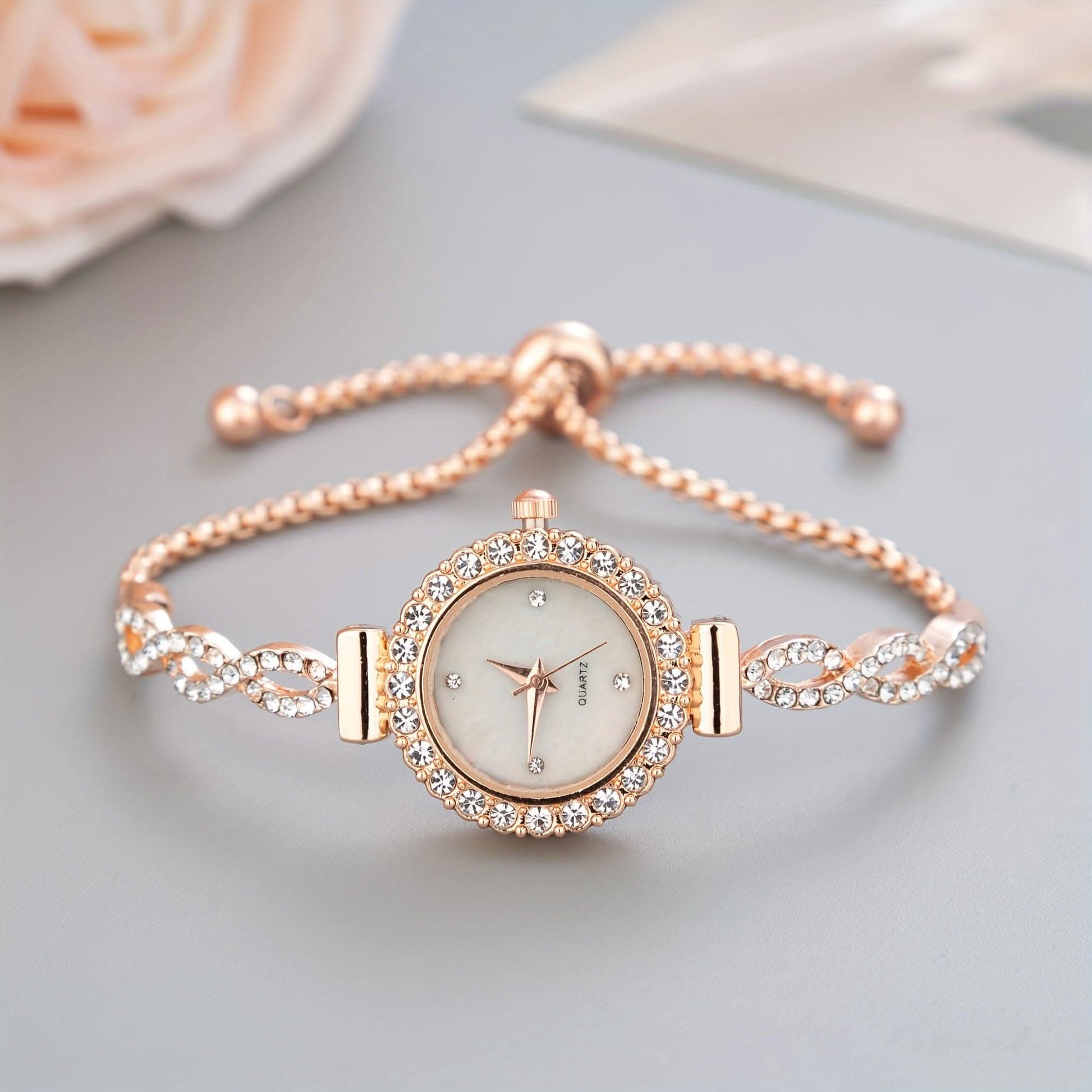 Luxury Women's Rhinestone Quartz Bracelet Watch – Elegant Iridescent Dial