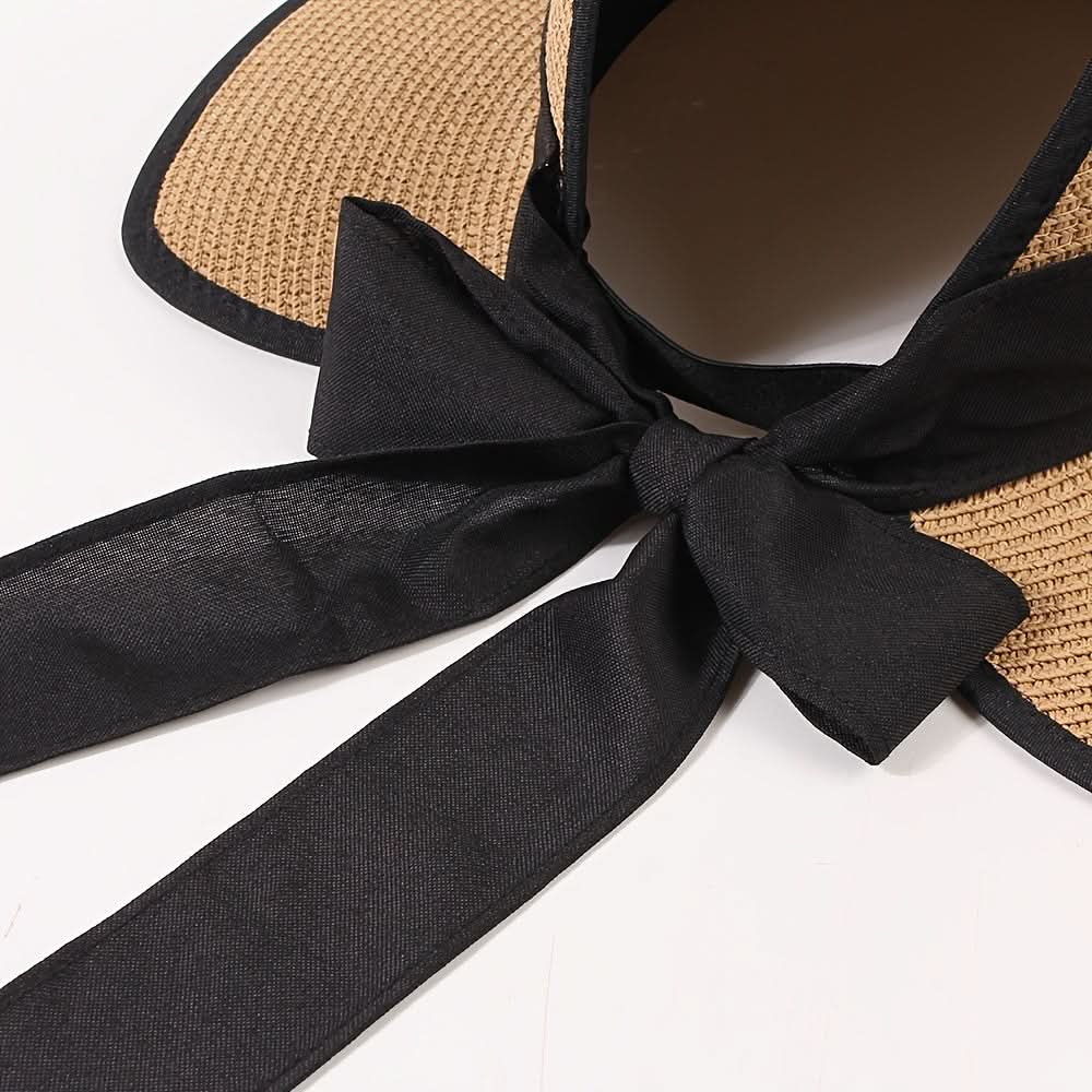 Women's Straw Sun Visor Hat with Ponytail Hole – Beach Cap with Bow