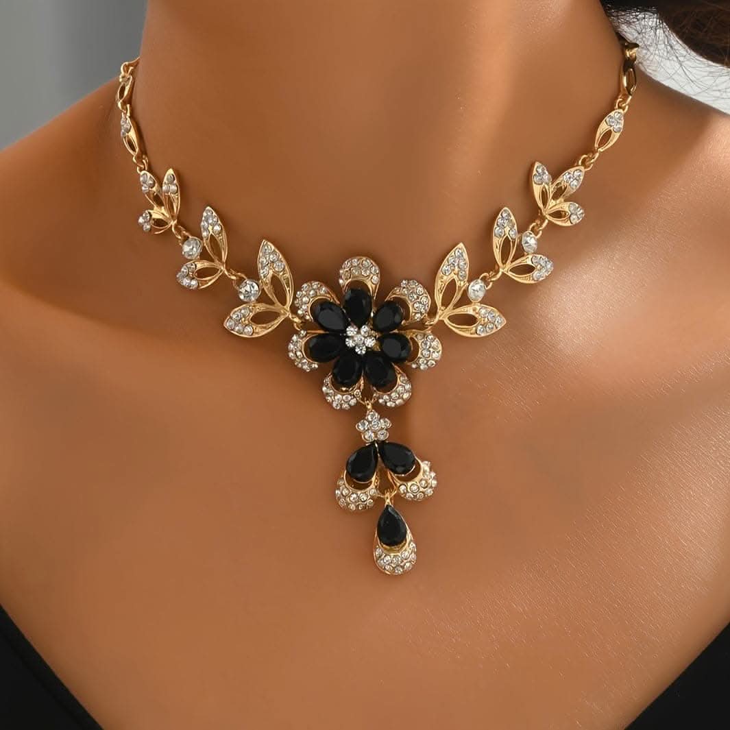 Dangle Earrings & Necklace Set – Copper Jewelry with Zircon Inlay, Flower Design