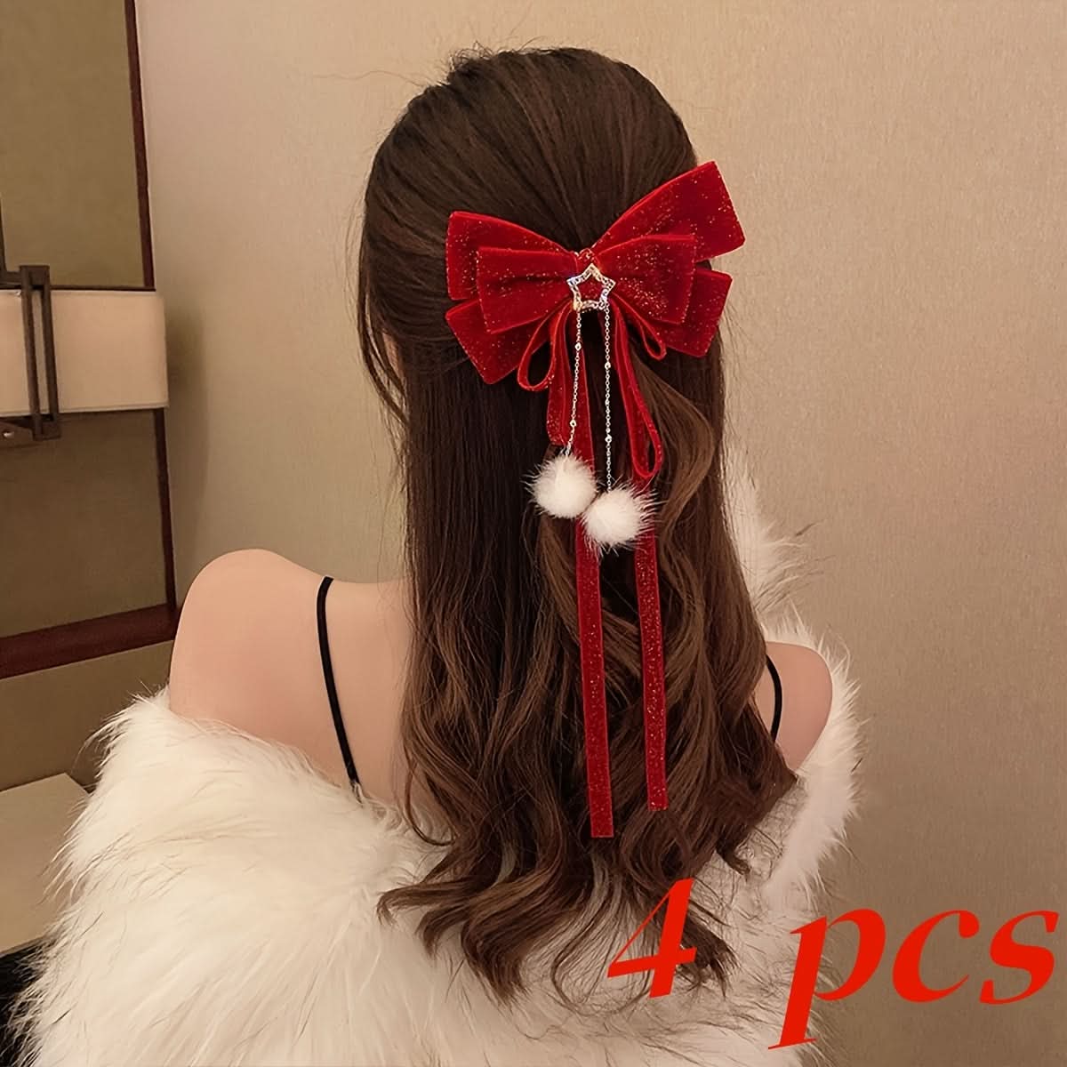 Christmas Plush Bow Hair Clip with Star Charm