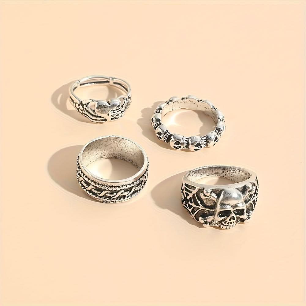 4-Piece Gothic Skull Punk Metal Rings