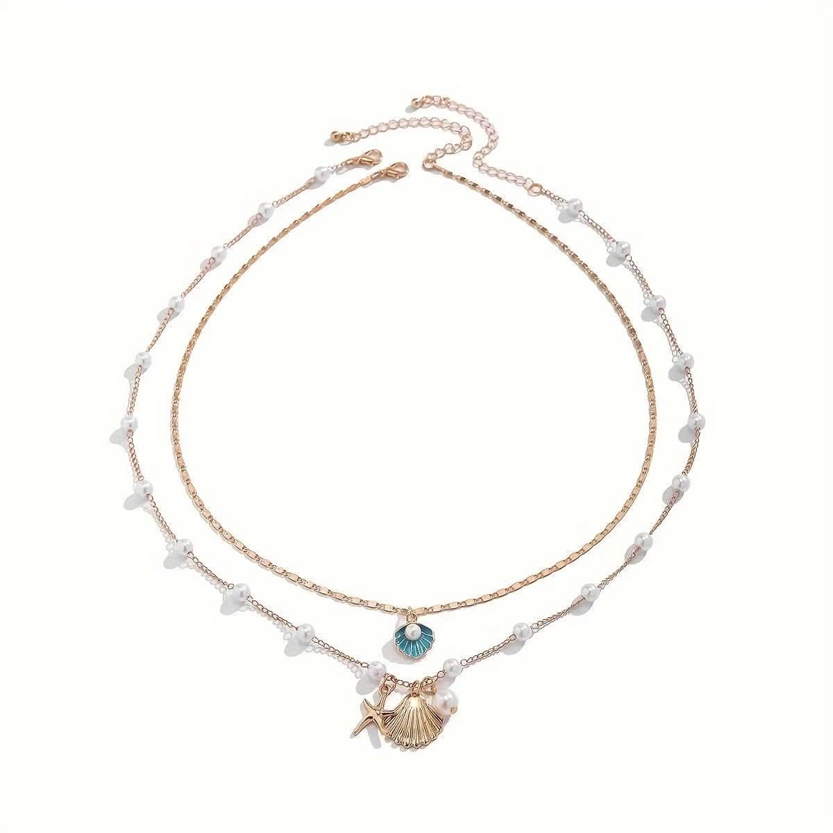 2pcs Multi-Layered Ocean-Inspired Necklaces – Starfish & Shell Pendants