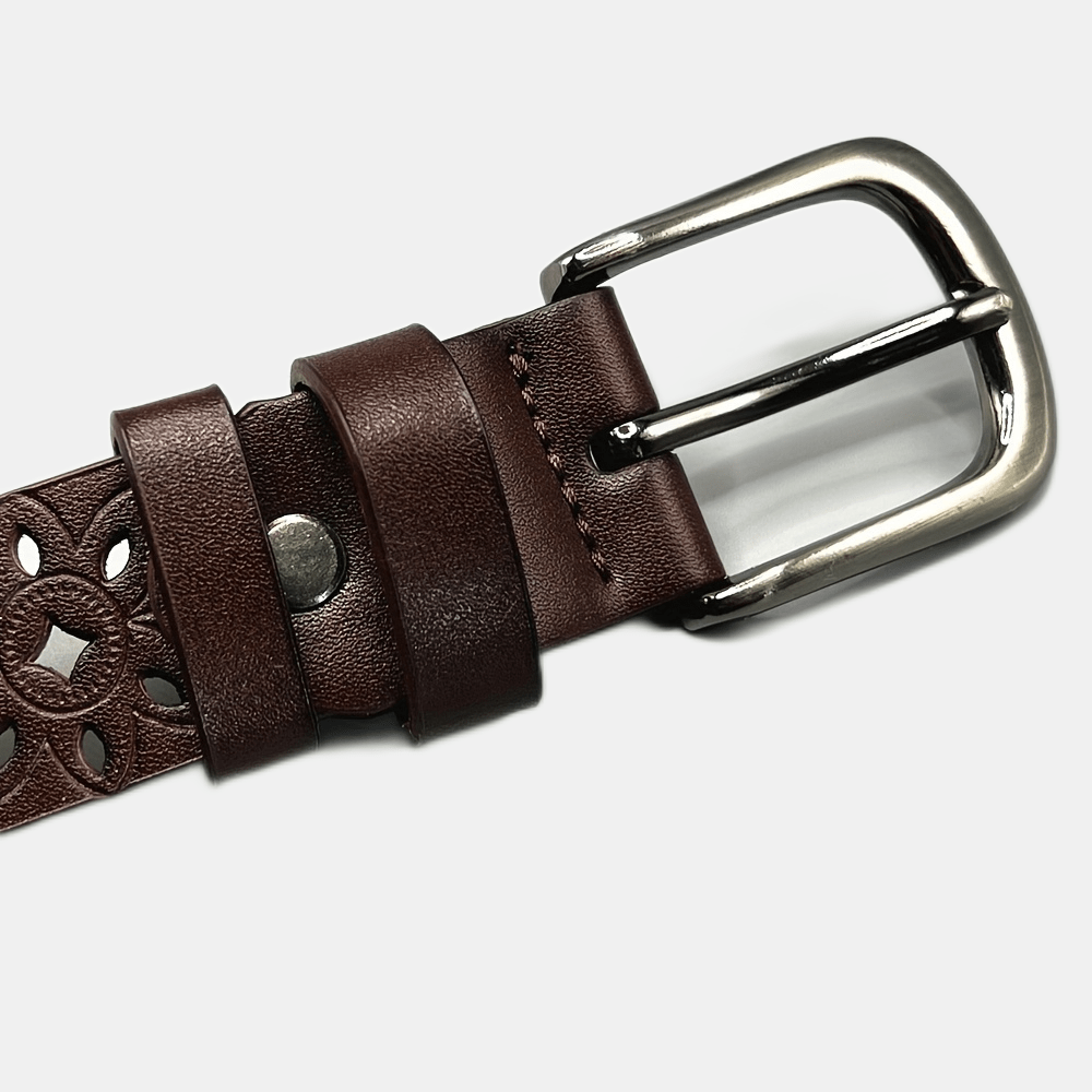 Vintage Hollow PU Leather Belt for Men & Women – Adjustable Metal Buckle
