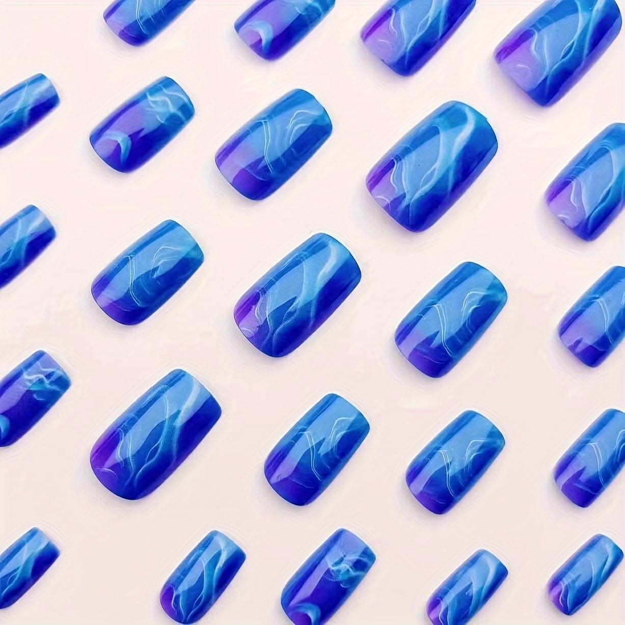 24-Piece Ocean Blue Gradient Press-On Nails Set – Medium Square, Glossy Finish
