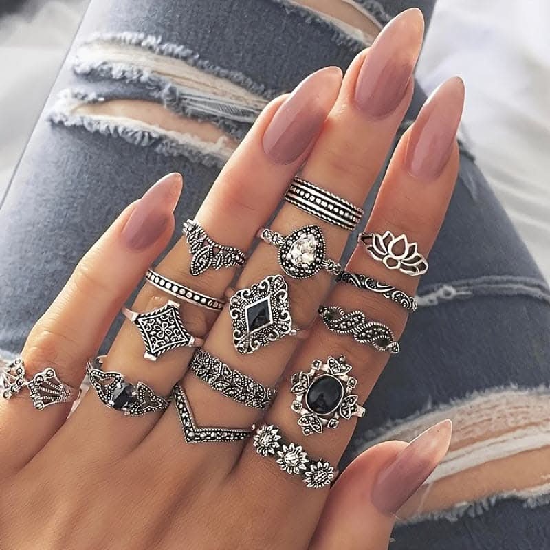 15-Piece Boho Chic Lotus Knuckle Ring Set