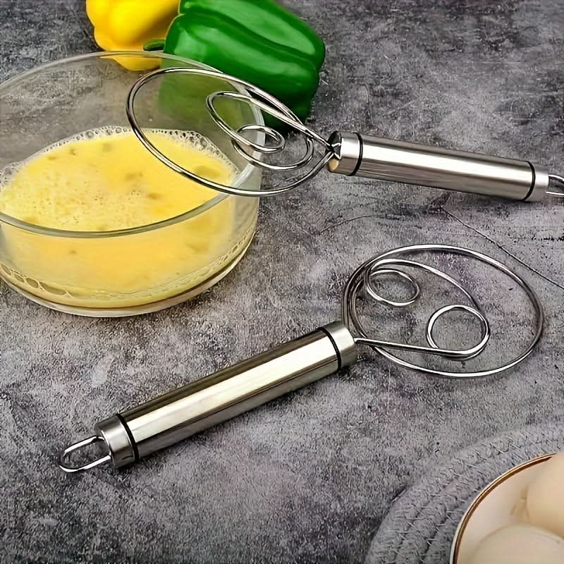 Stainless Steel Dough Mixer with Scraper - Handheld Dual-Hole Whisk