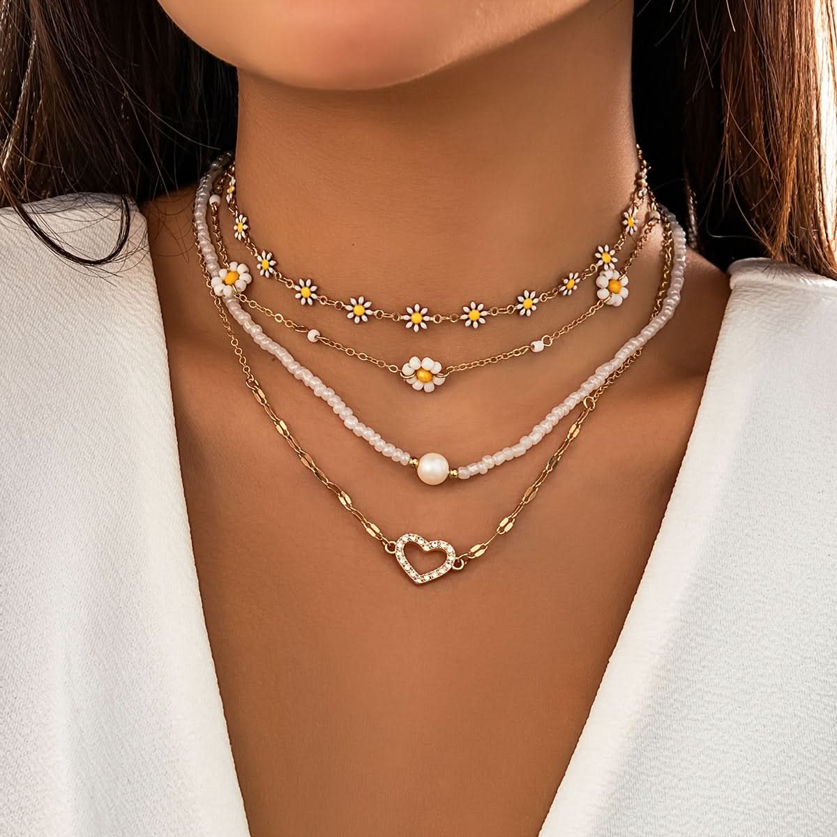 4pcs/Set Boho Chic Multilayer Pearl Beaded Necklace