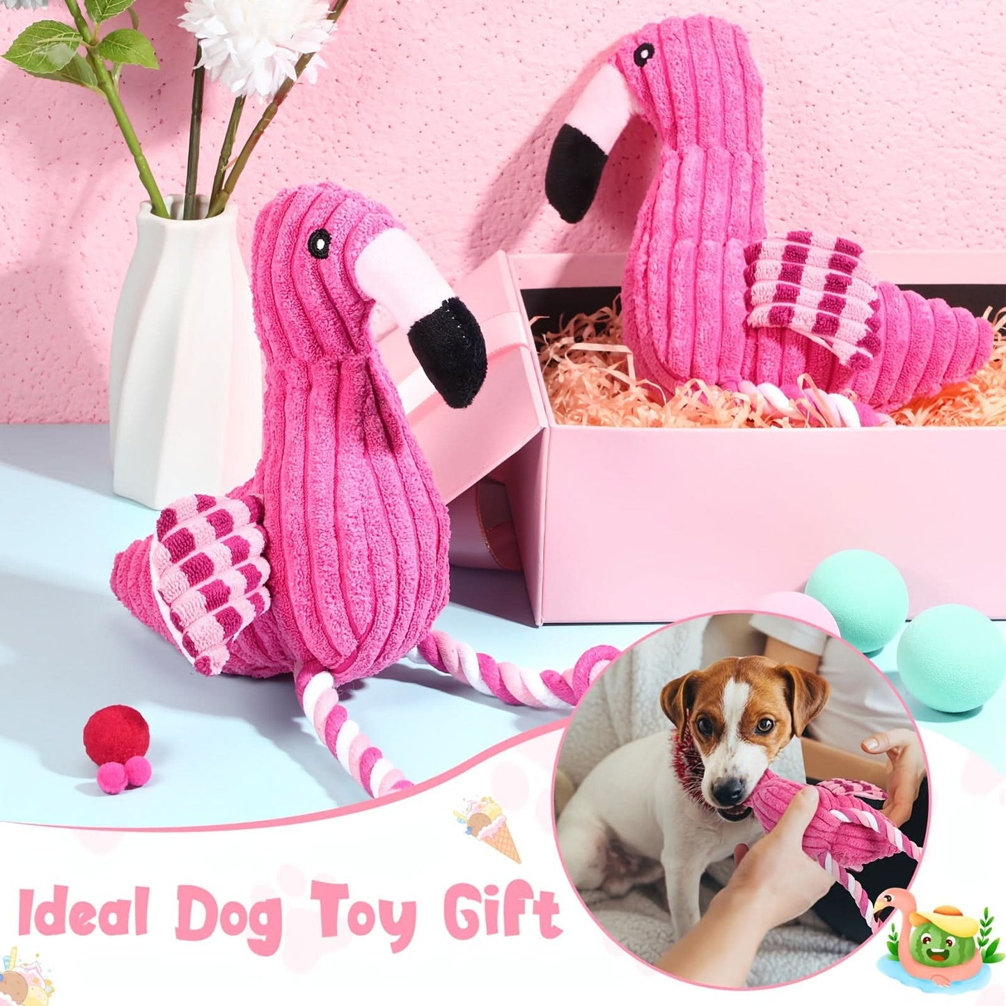2-Pack Flamingo Plush Dog Toys-Squeaky Teething & Interactive Rope Toys