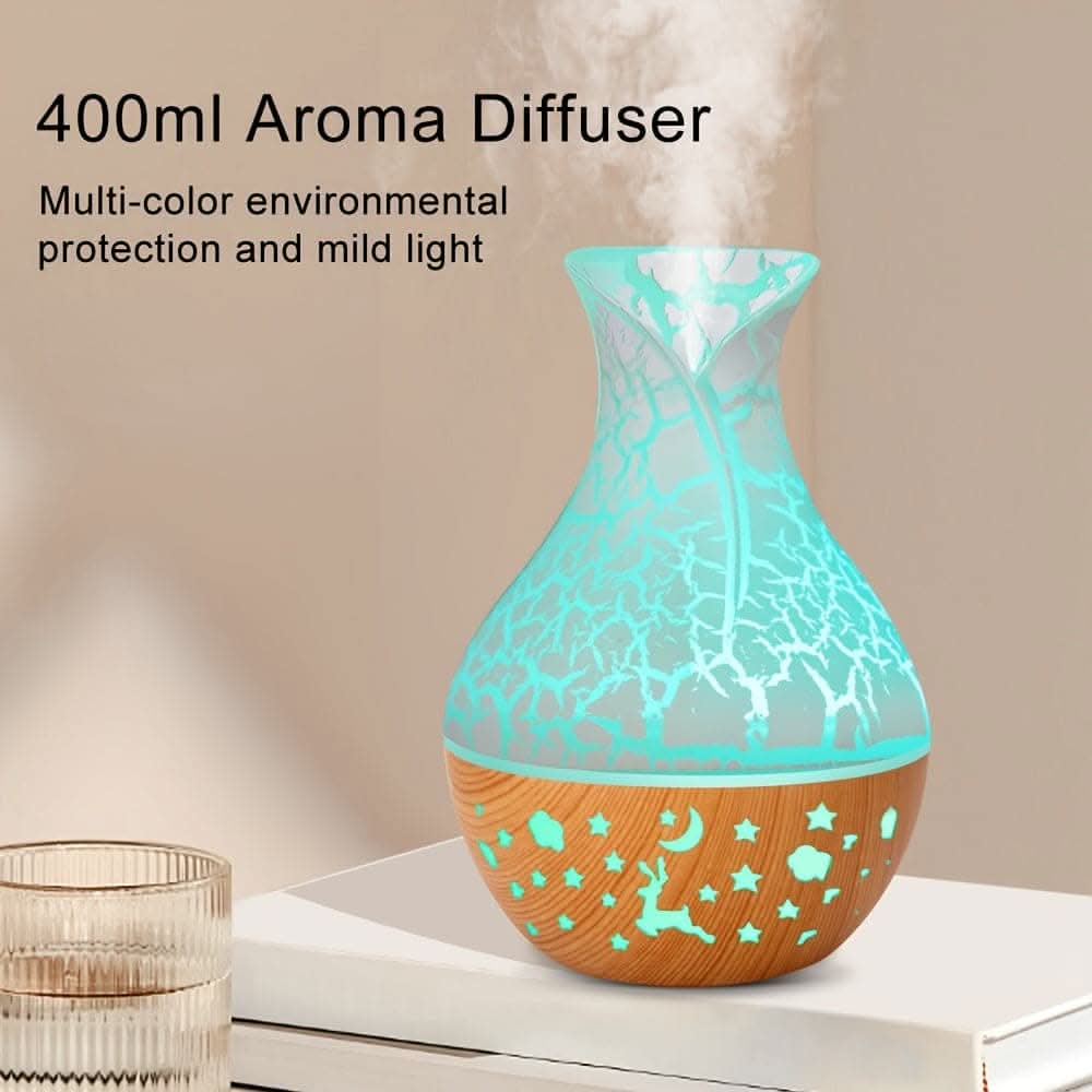 150ml Wood Grain Aromatherapy Diffuser Humidifier - Stylish Vase Design with LED Light