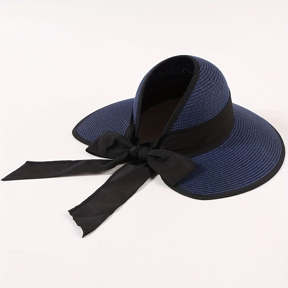 Women's Straw Sun Visor Hat with Ponytail Hole – Beach Cap with Bow