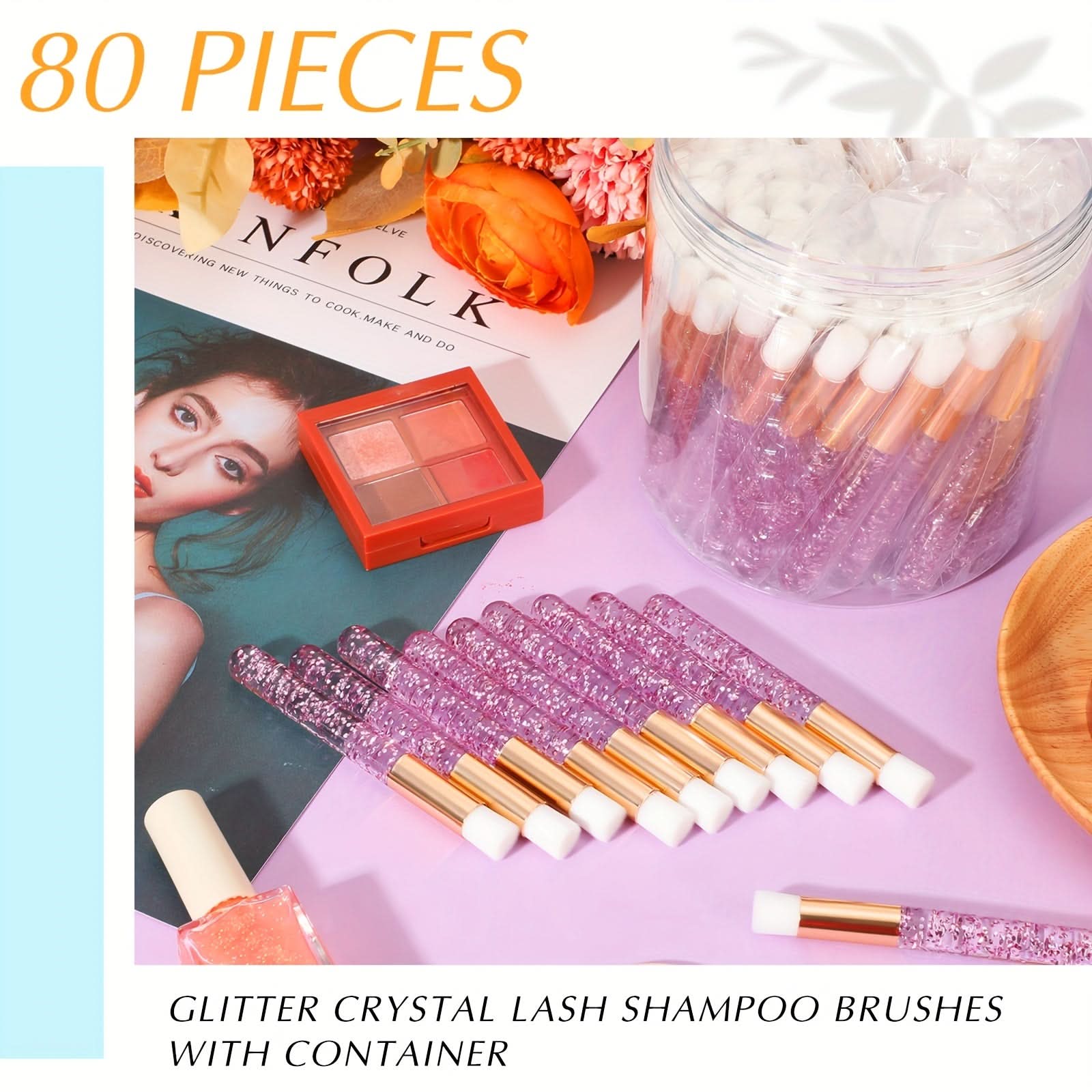 80pcs Lash Shampoo Brushes with Container – Pink Eyelash Cleaning Brushes