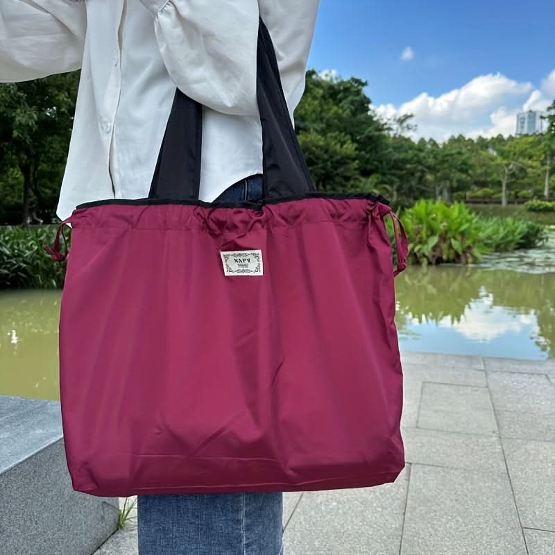 Monochrome Drawstring Shoulder Bag - Stylish & Foldable
