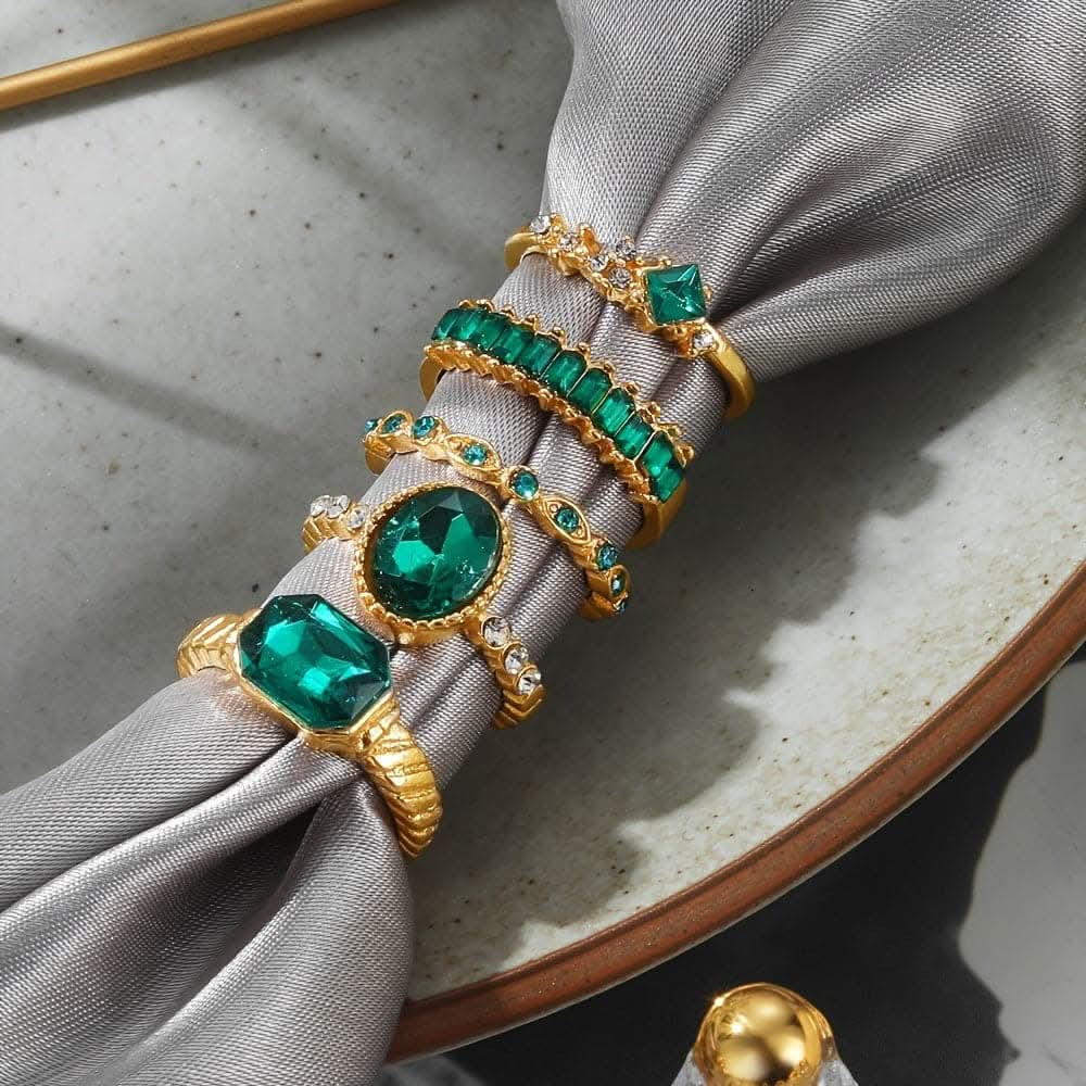 Green Rhinestone Ring Set – 5-Piece Geometric Design