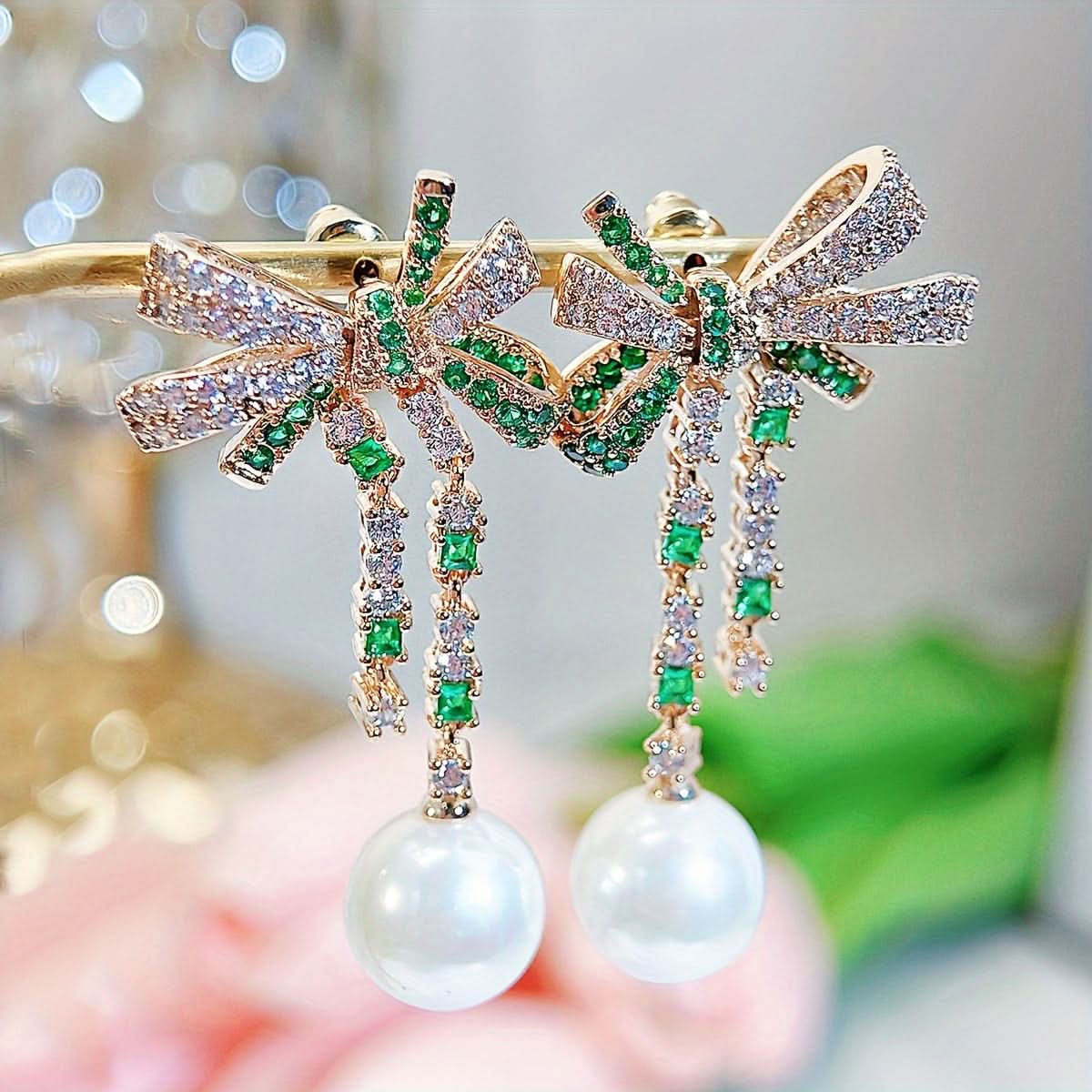 Faux Pearl Bow Dangle Earrings with Zircon
