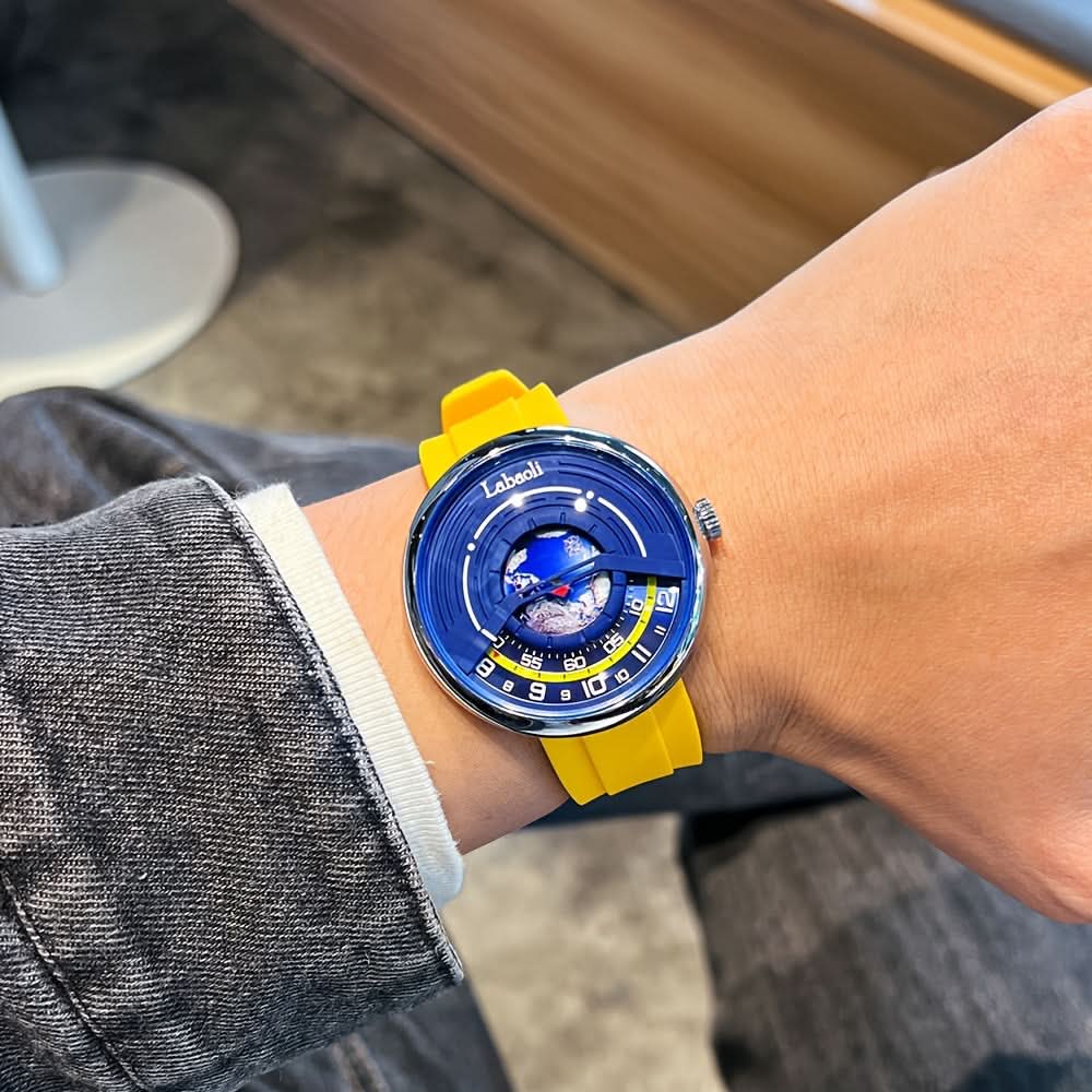 Men’s World-Time Quartz Watch – Hollow Dial, Silicone Strap, Casual Analog Design