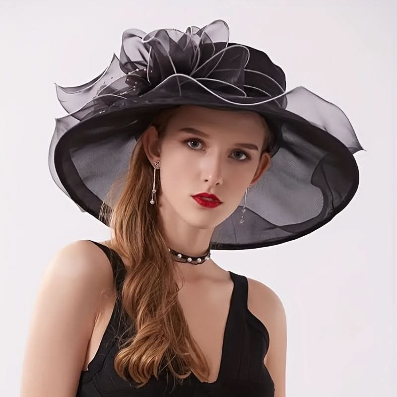 Black Organza Sun Hat for Women – Vintage Floral Design, Lightweight & Foldable