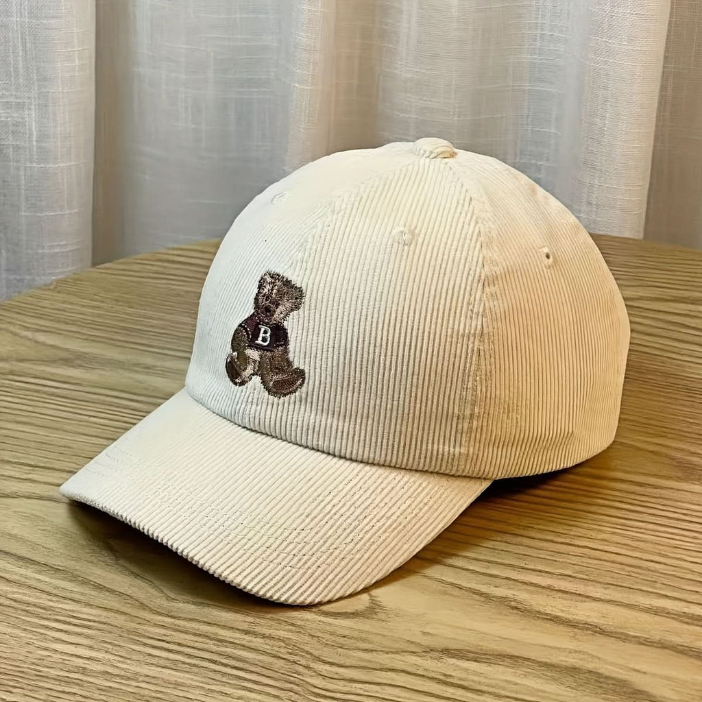Unisex Corduroy Baseball Cap with Embroidered Bear