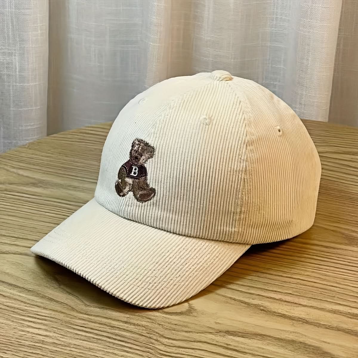 Unisex Corduroy Baseball Cap with Embroidered Bear