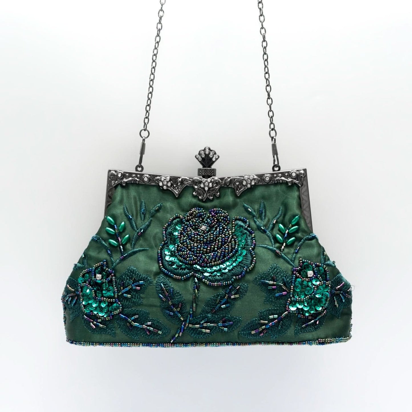 Vintage Floral Beaded Clutch, Satin Evening Bag