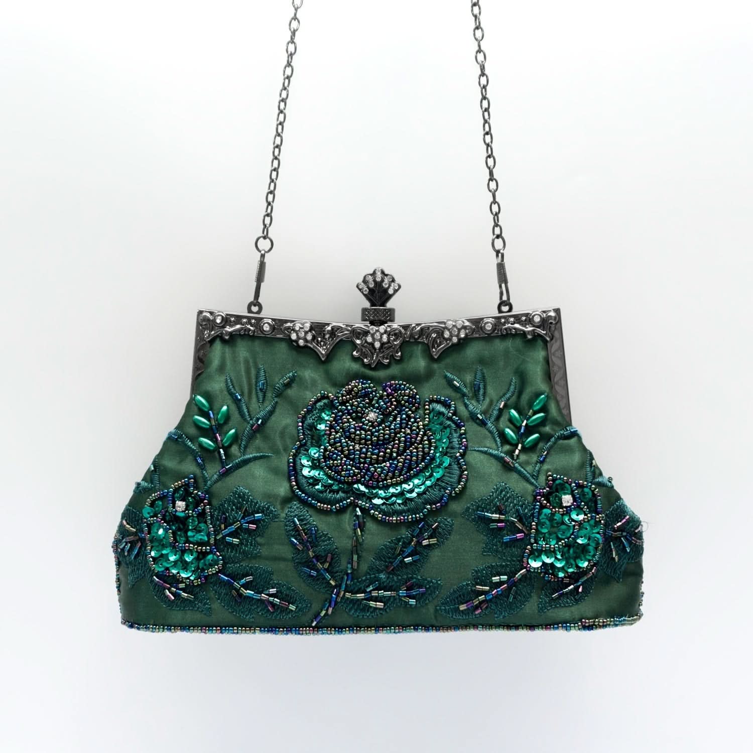 Vintage Floral Beaded Clutch, Satin Evening Bag