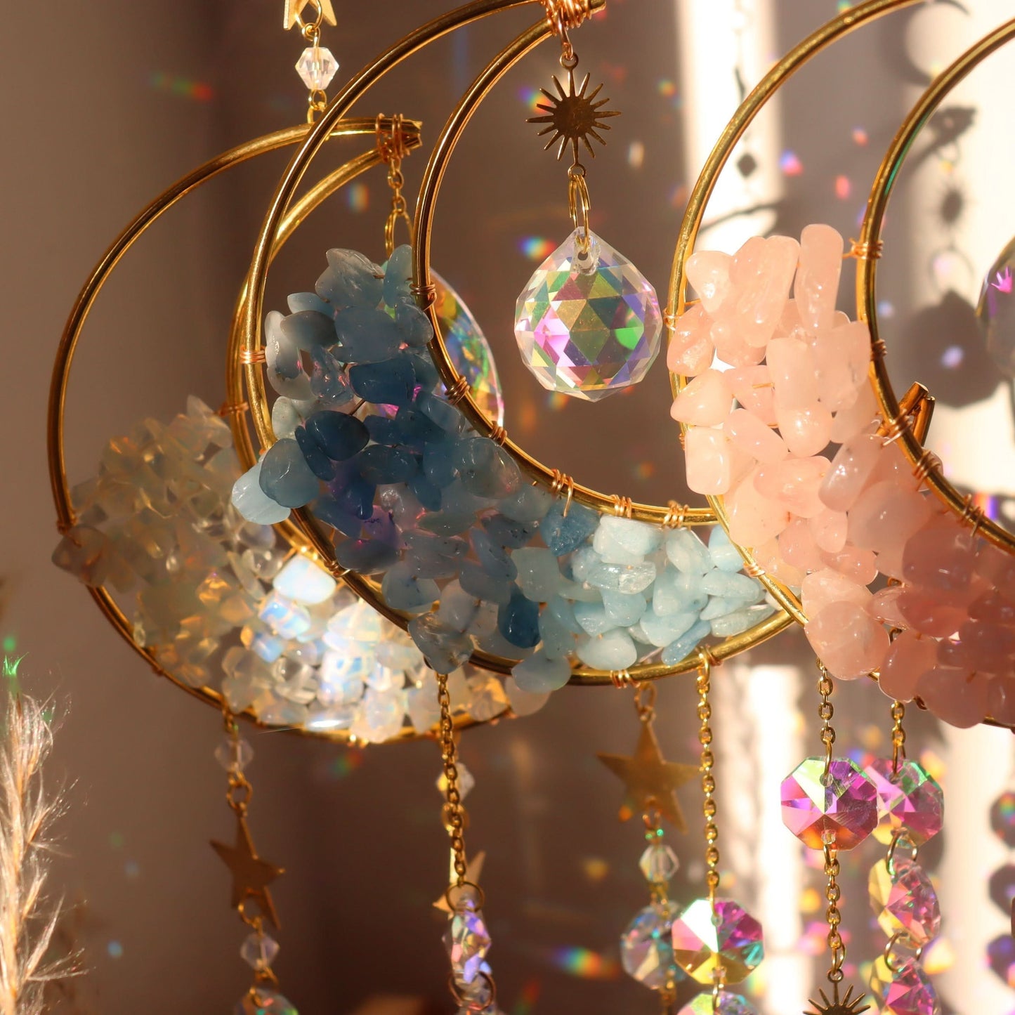 3-Piece Rainbow Amethyst Moon Crystal Prisms Suncatcher – Vibrant For Home Decor