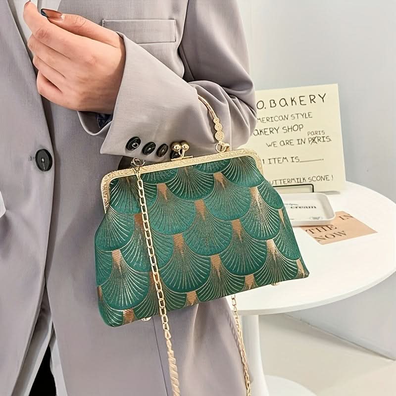Vintage Embroidered Frame Clutch, Pearl Chain Strap