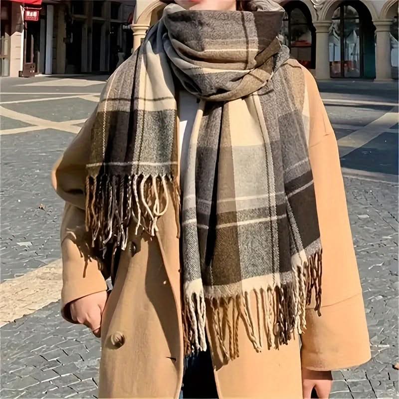 Men's Handmade Plaid Scarf with Tassels – Warm, Knitted Polyester for Fall/Winter